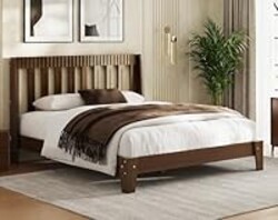 Uteeran Queen Size Wood Bed Frame, Mid-Century Modern Platform Bed Frame with Fluted Headboard & Curved Wings, Noise-Free, No Box Spring Needed, Wood Slat Support, Easy Assembly, Walnut Brown