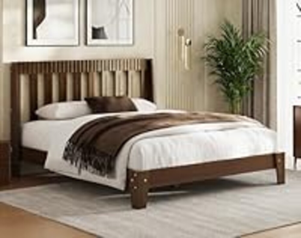 Uteeran Queen Size Wood Bed Frame, Mid-Century Modern Platform Bed Frame with Fluted Headboard & Curved Wings, Noise-Free, No Box Spring Needed, Wood Slat Support, Easy Assembly, Walnut Brown