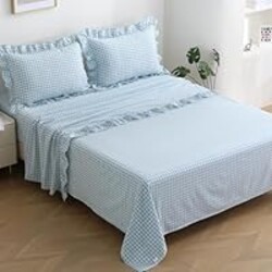K MASANIJI Light Blue White Plaid Ruffle Gingham Sheets Queen Size 4-Piece Set, 300TC 100% Yarn Dyed Cotton Sheets 18 in Deep Pocket Decorative Bedding (Light Blue/White Plaid, Queen)