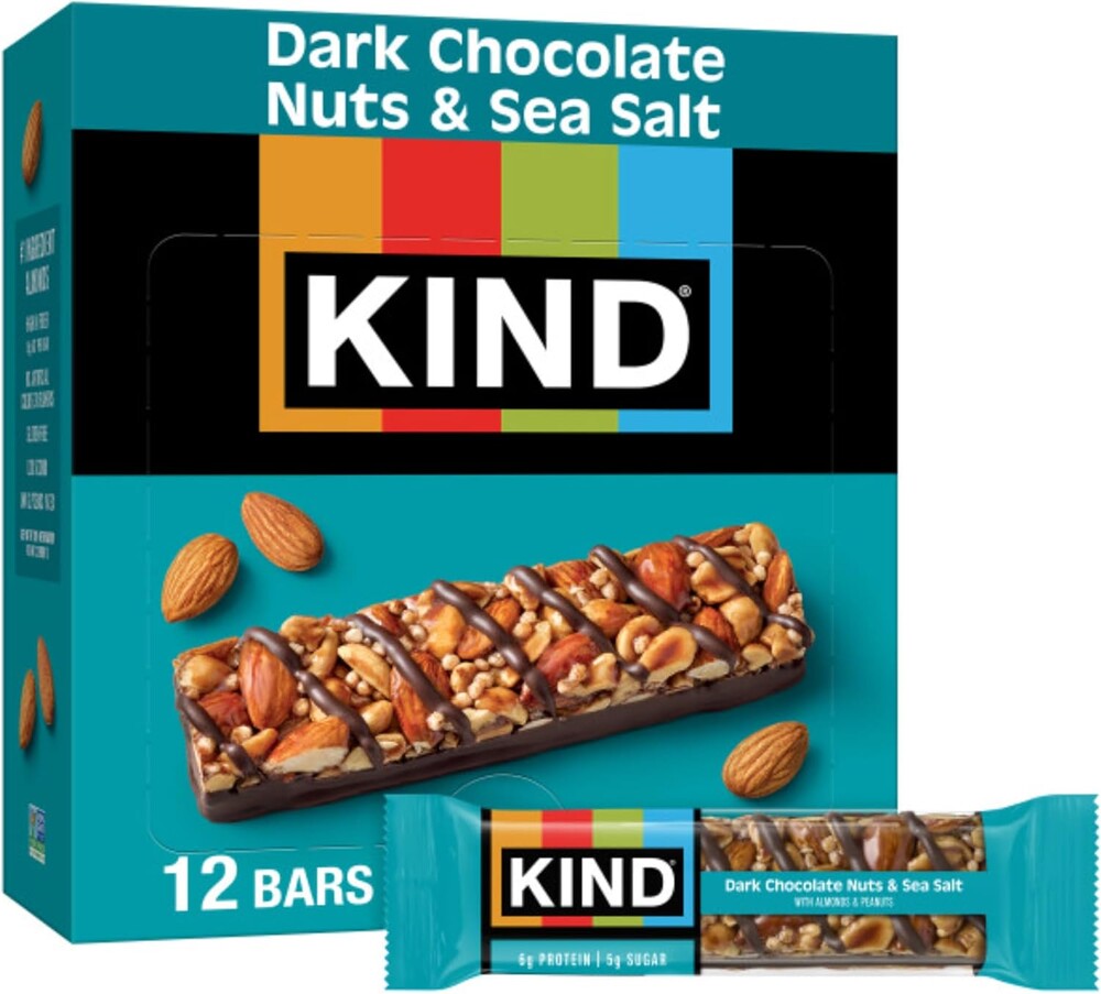 KIND Nut Bars, Dark Chocolate Nuts and Sea Salt, Healthy Snacks, Gluten Free, Low Sugar, 6g Protein, 12 Count