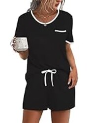 Ekouaer Pajama Set for Women 2 Piece Lounge Set Short Sleeve Tops and Shorts Soft Sleepwear, Chest Pocket Black