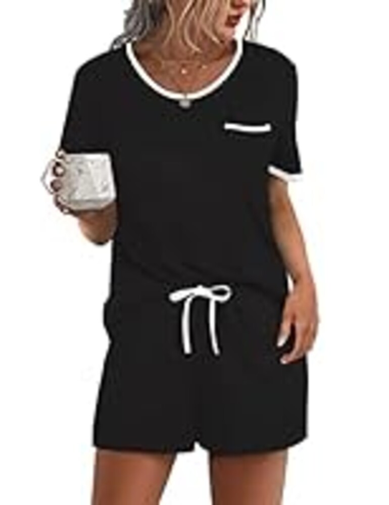Ekouaer Pajama Set for Women 2 Piece Lounge Set Short Sleeve Tops and Shorts Soft Sleepwear, Chest Pocket Black