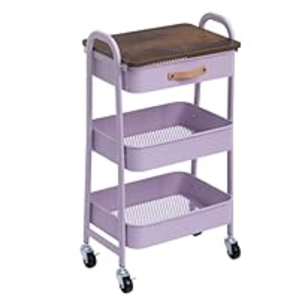 AGTEK Rolling Cart with Drawer, 3 Tier Movable Metal Utility Organizer with Wooden Board, Mobile Trolley Cart for Home & Office, Purple