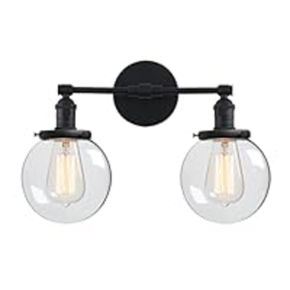 Phansthy Industrial Wall Sconce Hardwired Black Double Wall Light with 5.9 Inches Globe Lampshade, Modern Wall Lamp Wall Decor Light Fixtures for Bathroom Mirror Living Room Hallway Bedroom (Black)