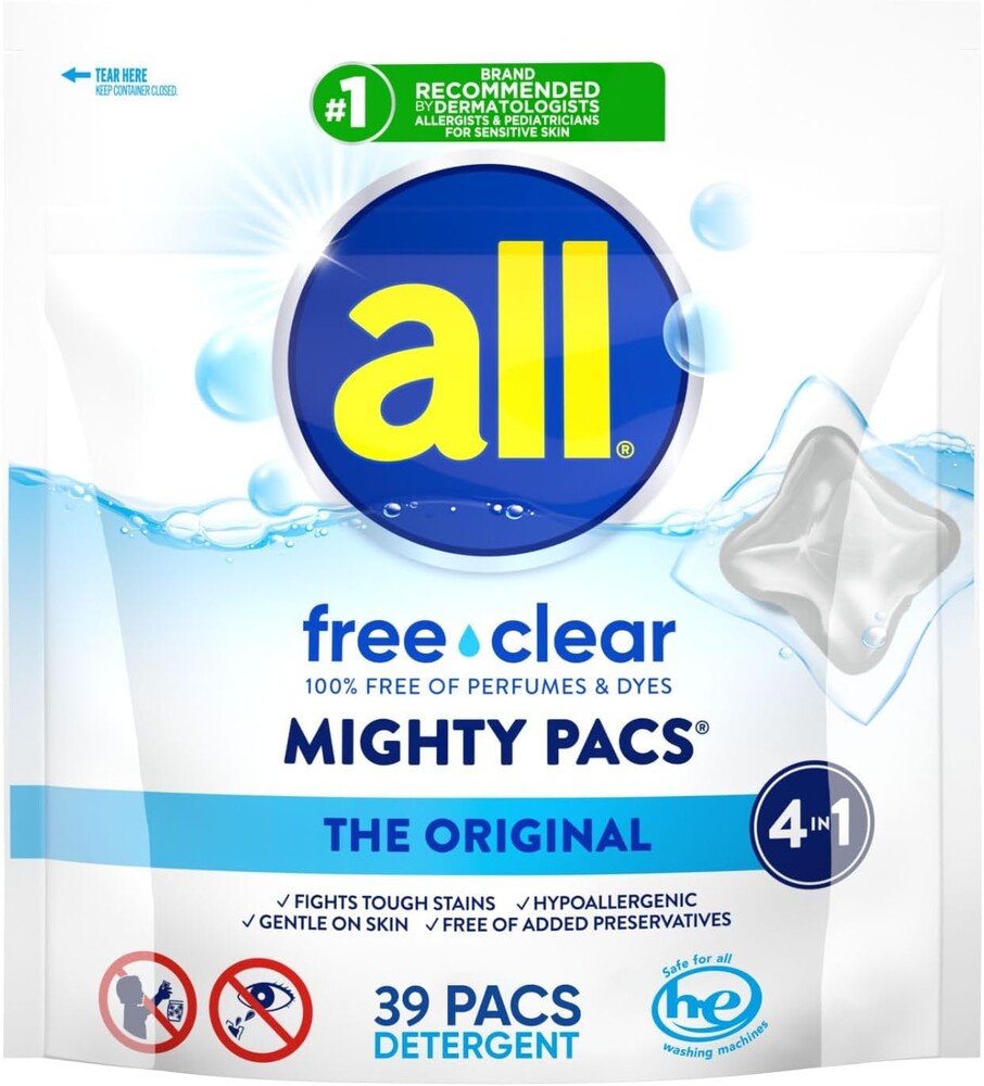 all free clear, Original, MIGHTY PACS Laundry Detergent Pacs for Sensitive Skin, Unscented and Hypoallergenic, 39 Count