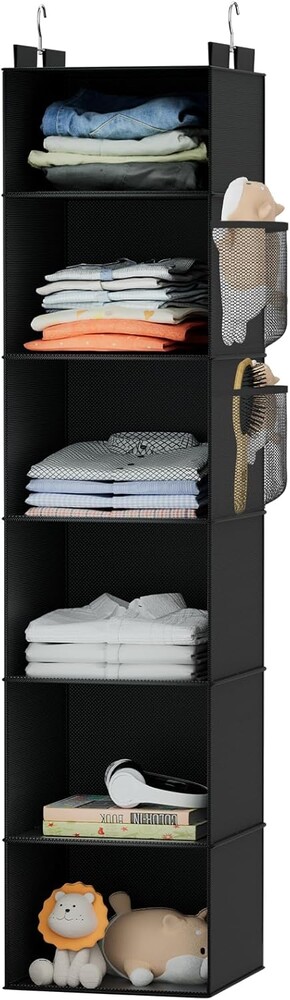 VERONLY Hanging Closet Organizer and Storage with Bamboo Support, 6-Shelf Closet Hanging Storage Shelves, Closet Organizers Easy Mount Foldable for Bedroom(Black)