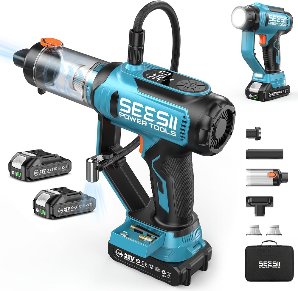 SEESII 3-in-1 Tire Inflator: Portable Air Compressor & Car Vacuum Cordless & Led Work Light with 2×2000mAh Batteries, 21V Tire Air Pump 150PSI w/Digital Gauge+Auto-Shutoff for Ball/Bike/Car/Home