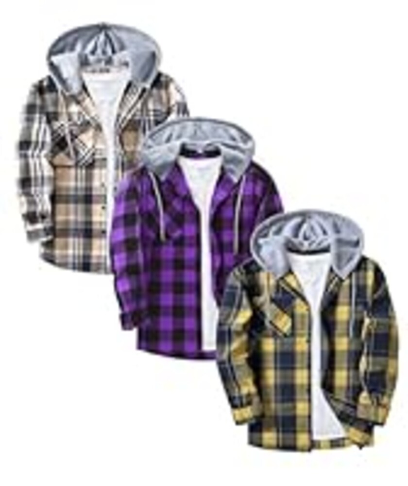 ZITY 3 Pack Men's Flannel Hoodie Shirts Long Sleeve Casual Vintage Button Down Plaid Shirt Jacket with Pocket Deepbluebeige Purple Yellownavy M