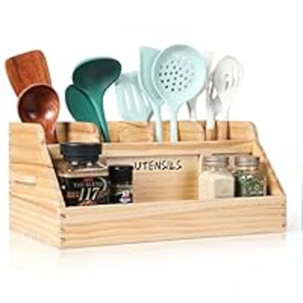 Innovation Kitchen Utensil Holder for Countertop with 5 Compartments, Utensil Organizer with Handles, Wood Extra Large Utensil Holder for Kitchen Countertop, Natural Color(Utensils Not Included)