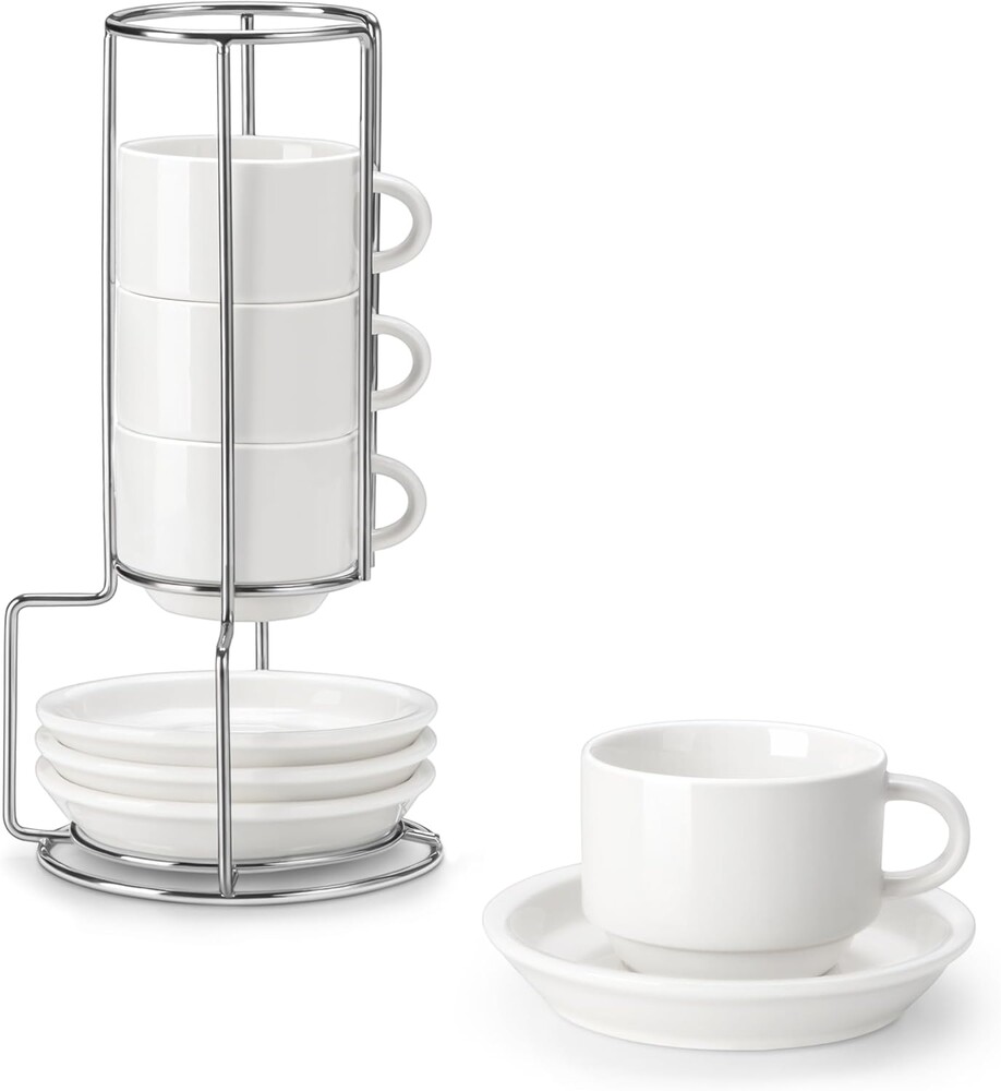 MALACASA 2.5 OZ Porcelain Espresso Cups with Saucers and Metal Stand Set of 4, Stackable Cappuccino Cups, White Expresso Shots Cup Set for Coffee Drinks, Latte, Tea