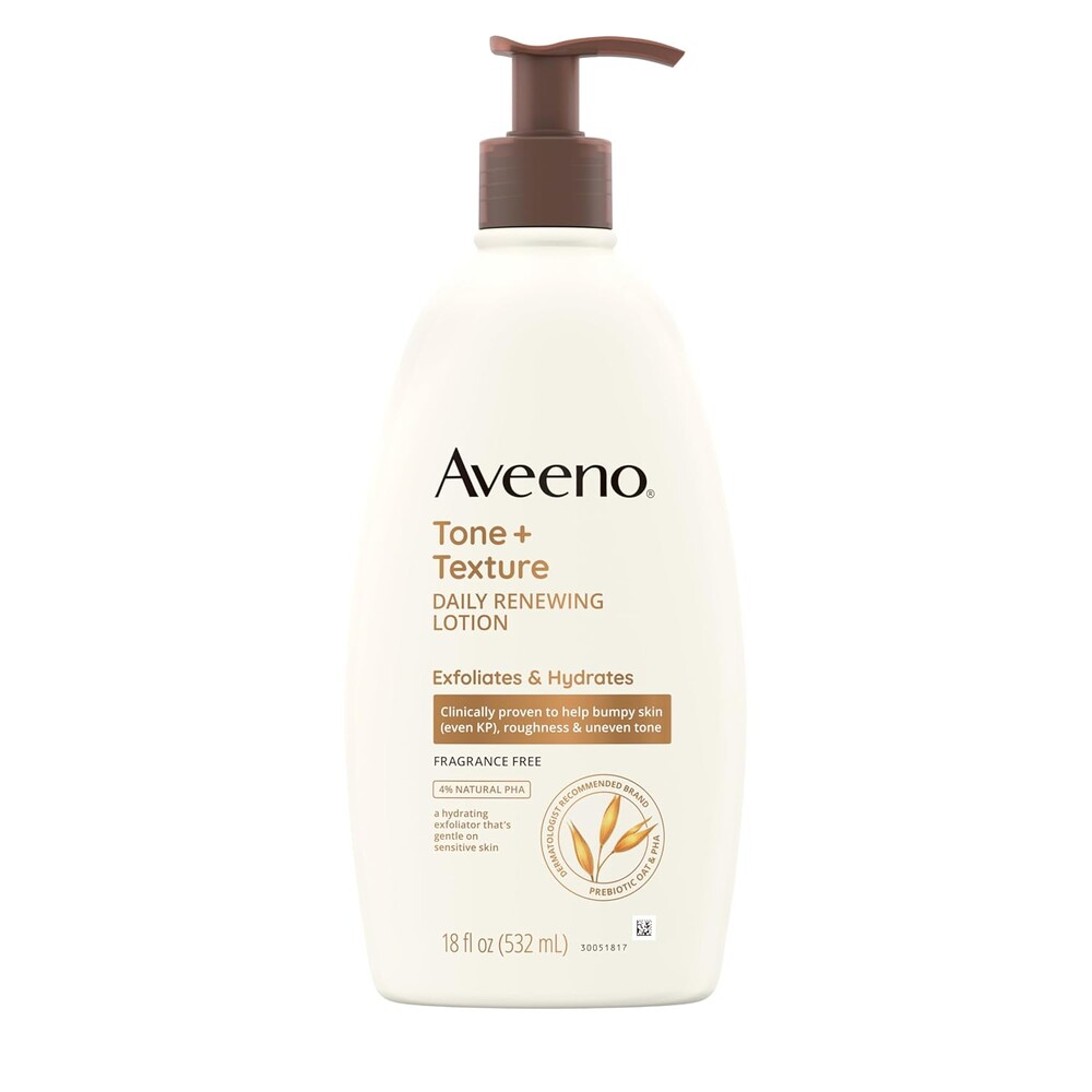 Aveeno Tone + Texture Daily Renewing Body Lotion with Prebiotic Oat Hydrates & Smooths Dry, Rough, Bumpy Skin Even KP, Fragrance-Free, 18 fl. Oz