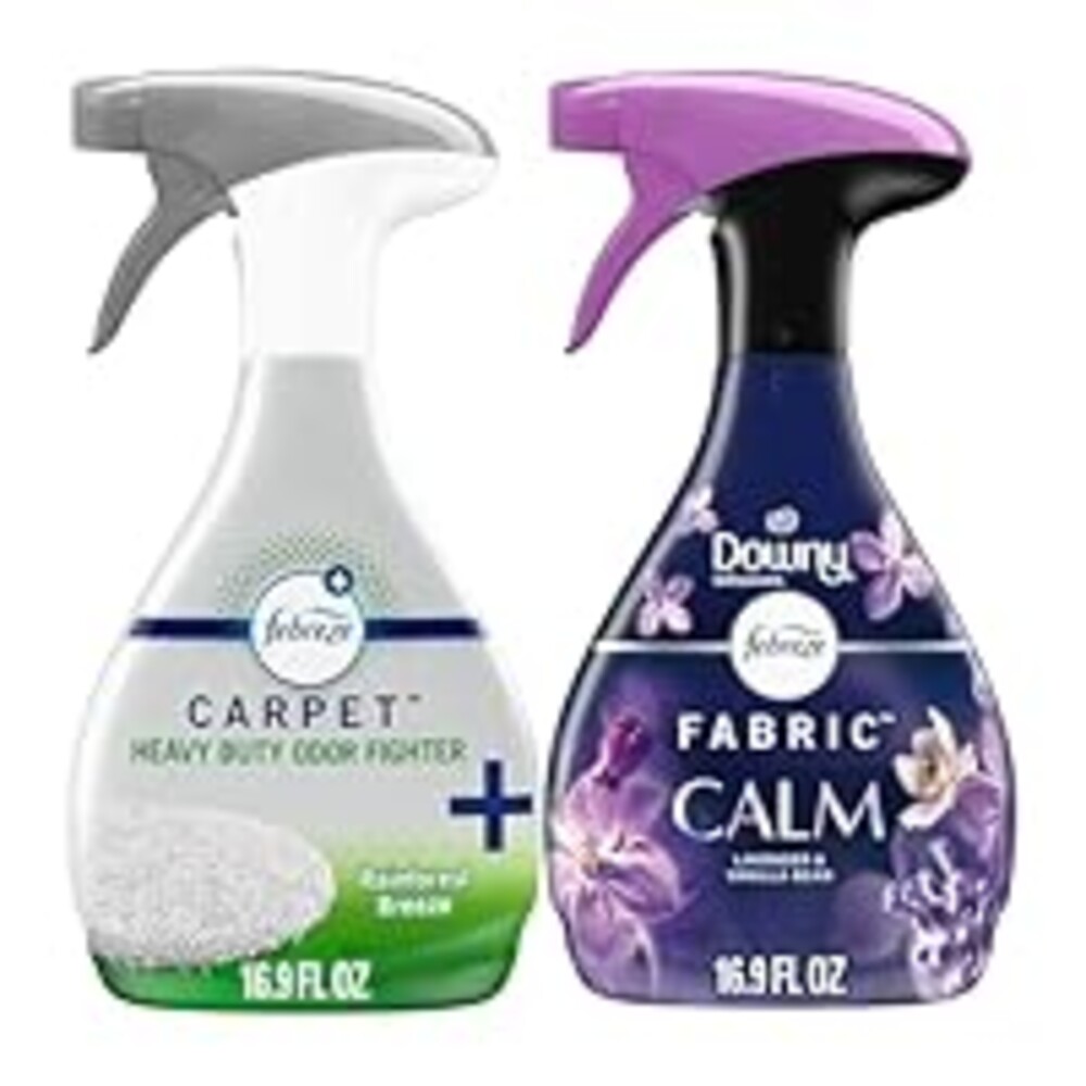Febreze Fabric Spray & Carpet Heavy Duty Odor Fighter, Fabric Refresher, Multi-Use Deodorizer, Sneaker Balls Alternative, Couch & Linen Spray, Downy Calm & Rainforest Scents, 16.9oz, 2ct (1 of each)
