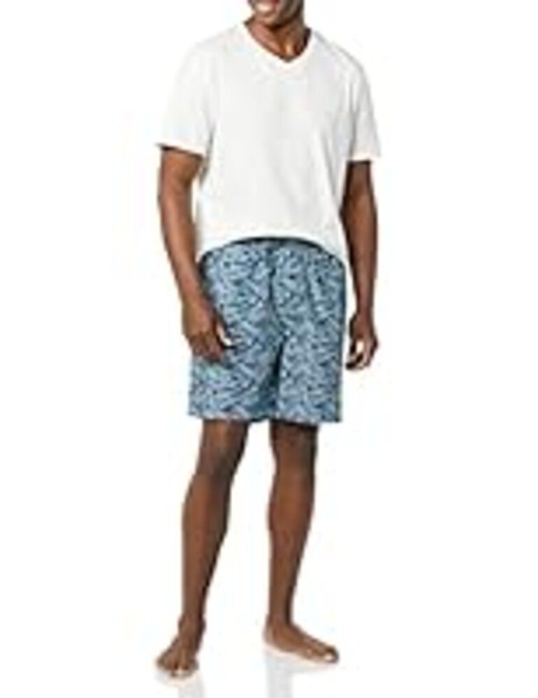 Amazon Essentials Men's Cotton Poplin Pajama Short with T-Shirt Set, Loungewear, Breathable, Blue Palm Leaf/White, Small