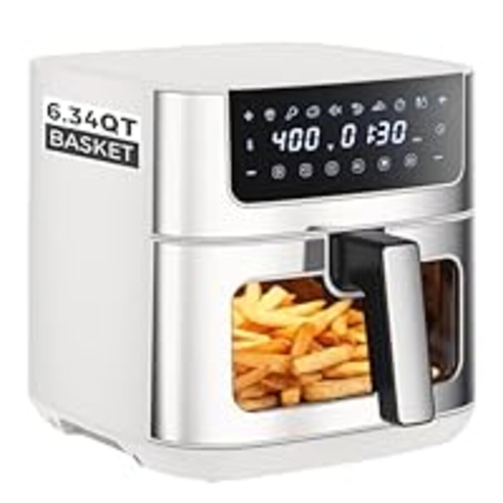 OLIXIS 6.34QT Air Fryer with Window, 8 Food Presets with 400°F Max Heat, 90-Min Timer, Nonstick Dishwasher-Safe Basket for Air Fry, Roast, Reheat, Bake, Stainless Steel, White
