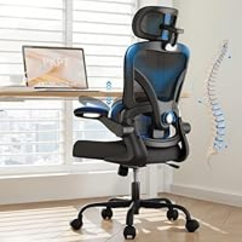 PKPT Ergonomic Office Chair, 330LBS Desk Chair with 3-Level Lumbar Support & Headrest, Breathable Mesh Backrest, Flip-Up Armrests for Home Office and Gaming, Black