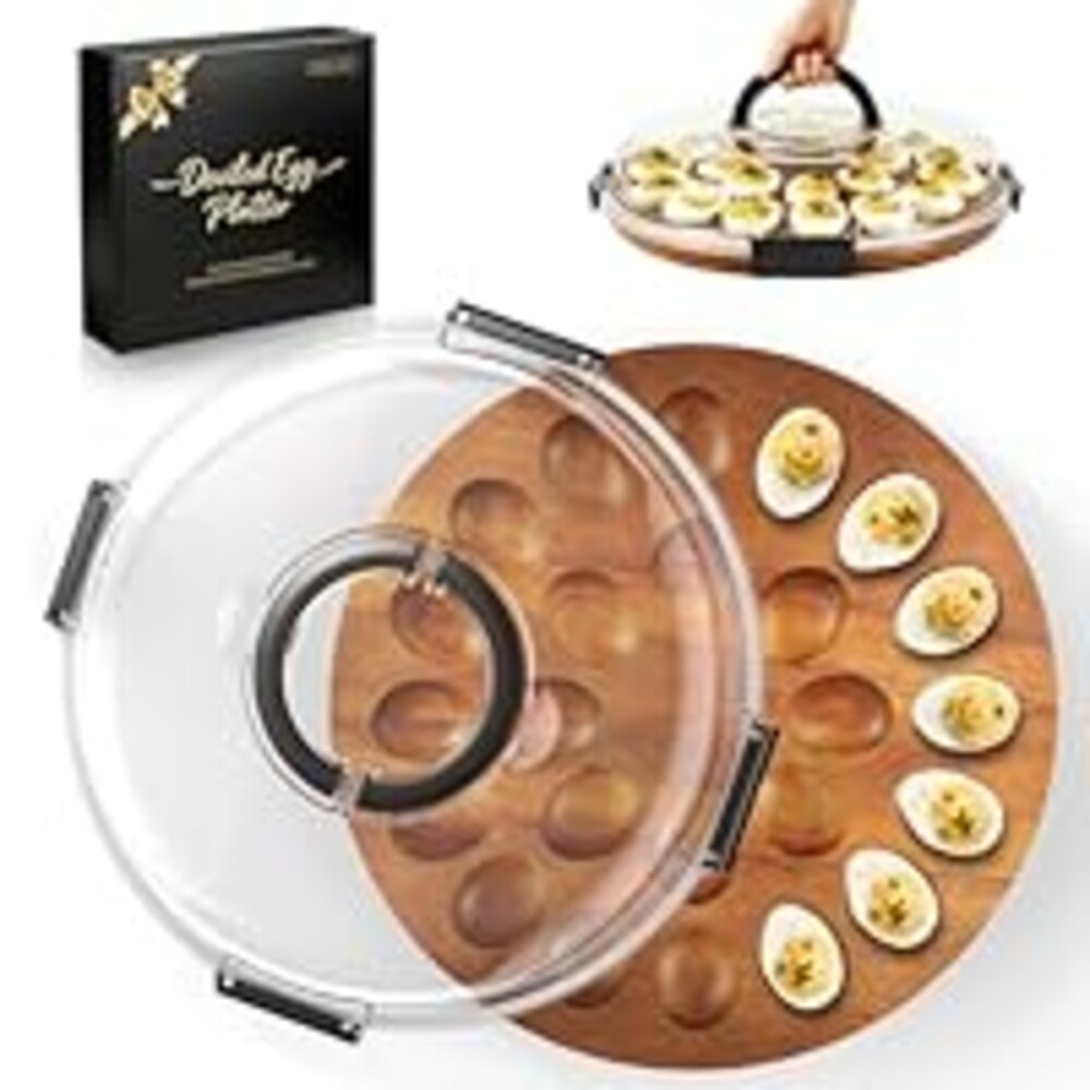 Renmxj Deviled Egg Containers with Lid Easter Gifts Set(24 Eggs), 2026 Upgraded Acacia Wooden Deviled Egg Tray Platter for Party, Home Kitchen Gift for Women, The Lid is Dishwasher Safe (Black)