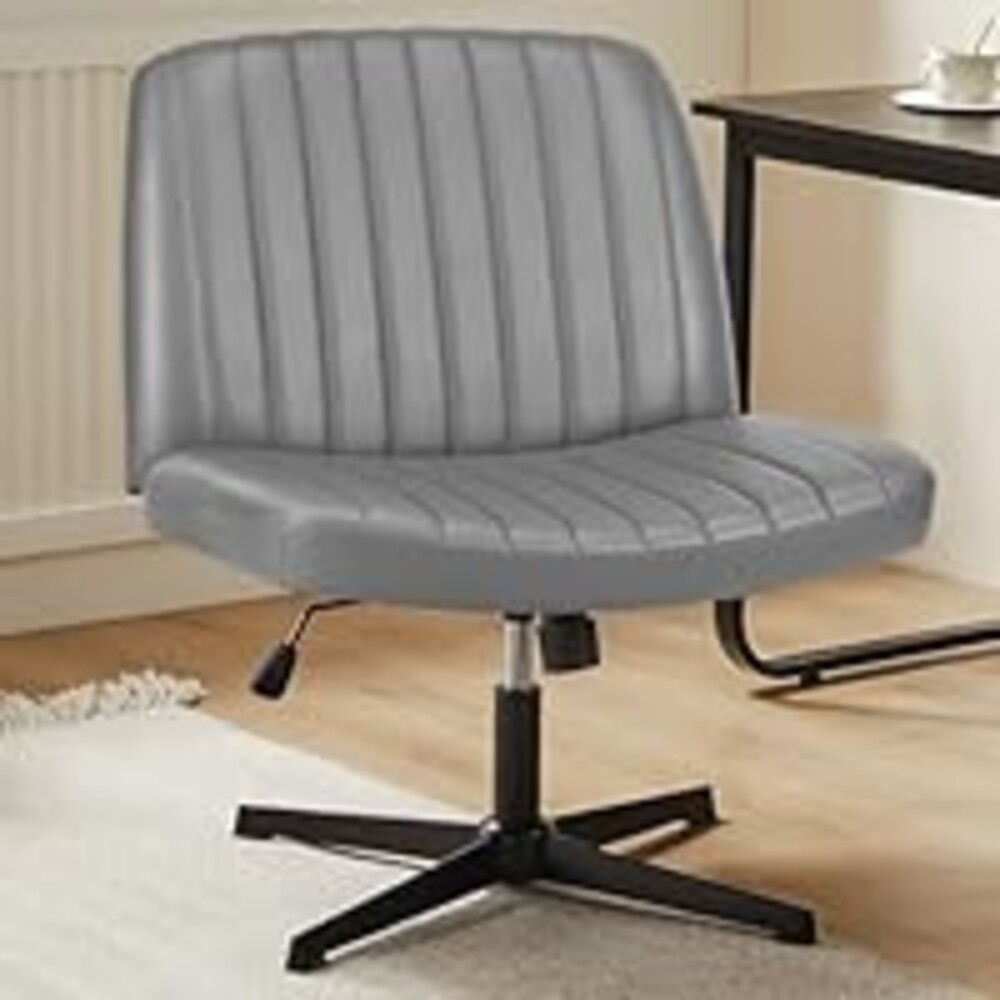 Sweetcrispy Criss Cross Chair Legged, Armless Office Wide Desk Chair No Wheels, PU Leather Swivel Vanity Height Adjustable Fabric Modern Computer Task Seating for Home - Grey