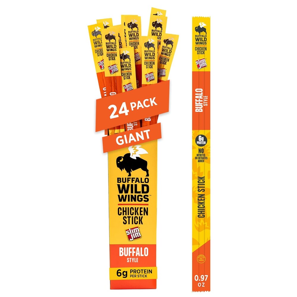 Slim Jim Giant Smoked Chicken Sticks, Buffalo Wild Wings Buffalo Flavor, 6g Protein per Stick, Easter Basket Stuffer for Men, 0.97 oz. (24 Count)