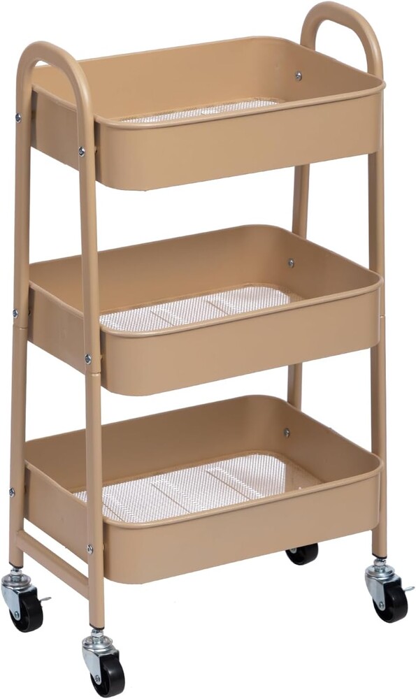 AGTEK 3 Tier Utility Rolling Cart with Lockable Wheels, Metal Multifunctional Storage, Organizer Cart for Kitchen, Office, Living Room, Makeup, Craft, Art Studio, Sand
