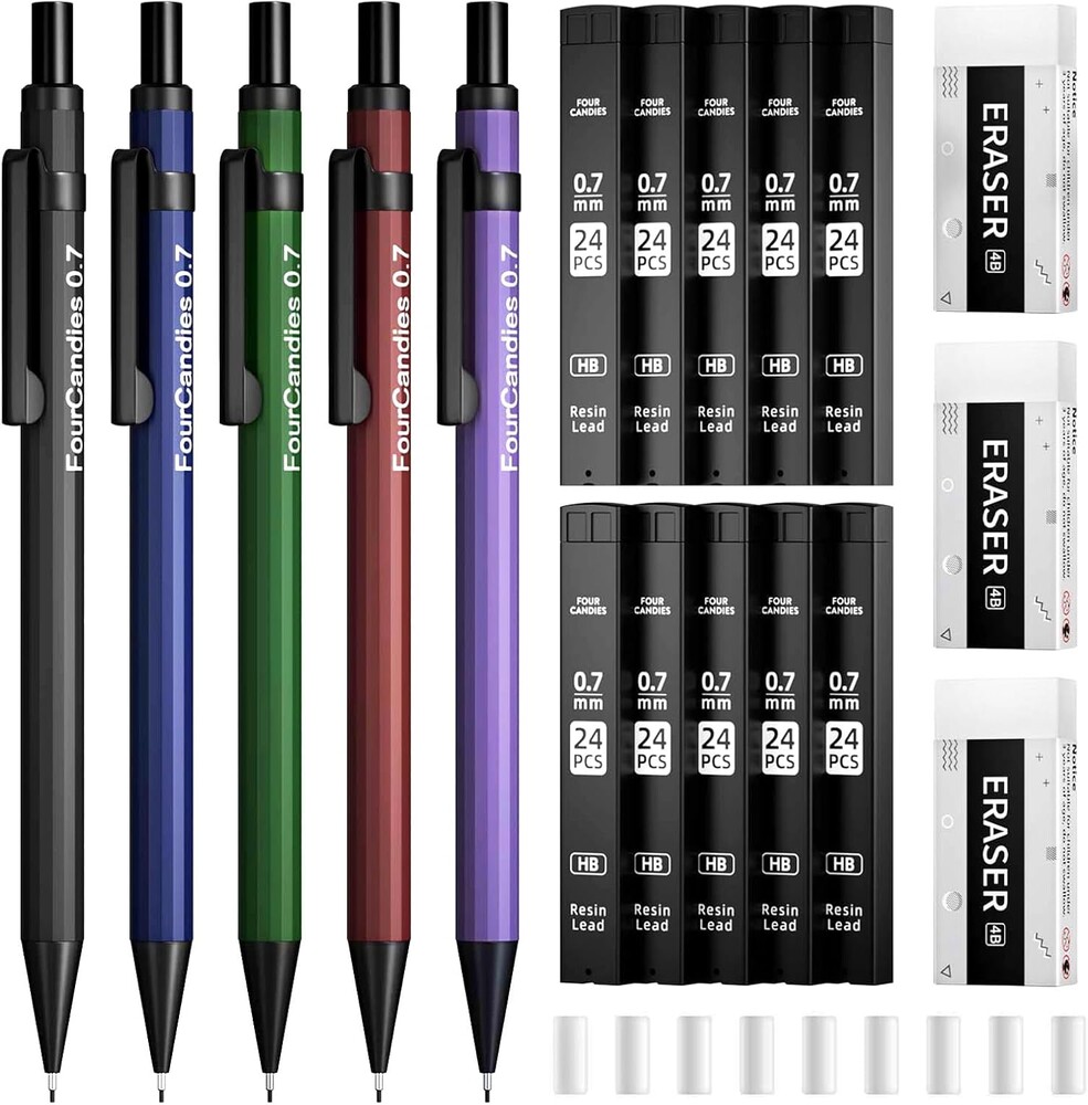 Four Candies Metal Mechanical Pencils 0.7mm, with #2 Pencil Leads 0.7, Eraser Set and Eraser Refills, 19-Count Pack with Case, Back to School Supplies for Writing, Drawing, Sketching
