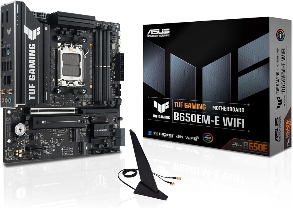 ASUS TUF Gaming B650EM-E WiFi AMD mATX Motherboard, 8+2+1 80A DrMOS Power Stages, DDR5, PCIe 5.0, Three M.2 Slots, WiFi 6, 2.5Gb Ethernet, DisplayPort, HDMI™, Rear USB-C 10Gbps and Front USB-C 5Gbps