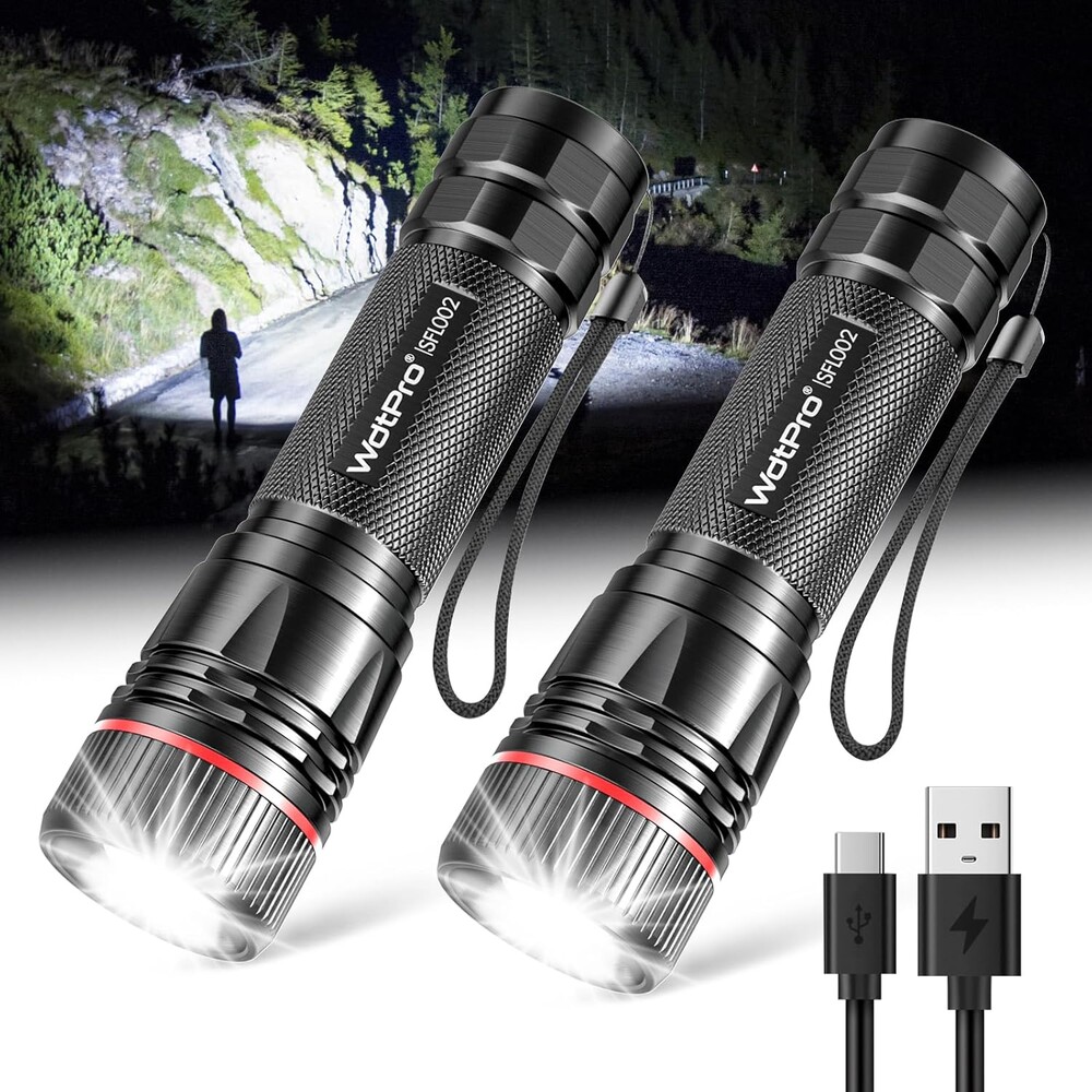 WdtPro Rechargeable Flashlights High Lumens, 2 Pack 10H Long Lasting Super Bright EDC Flashlight, LED Mini Tactical Flash Lights for Camping Emergency, Drop & Water Resistant (Battery Included)