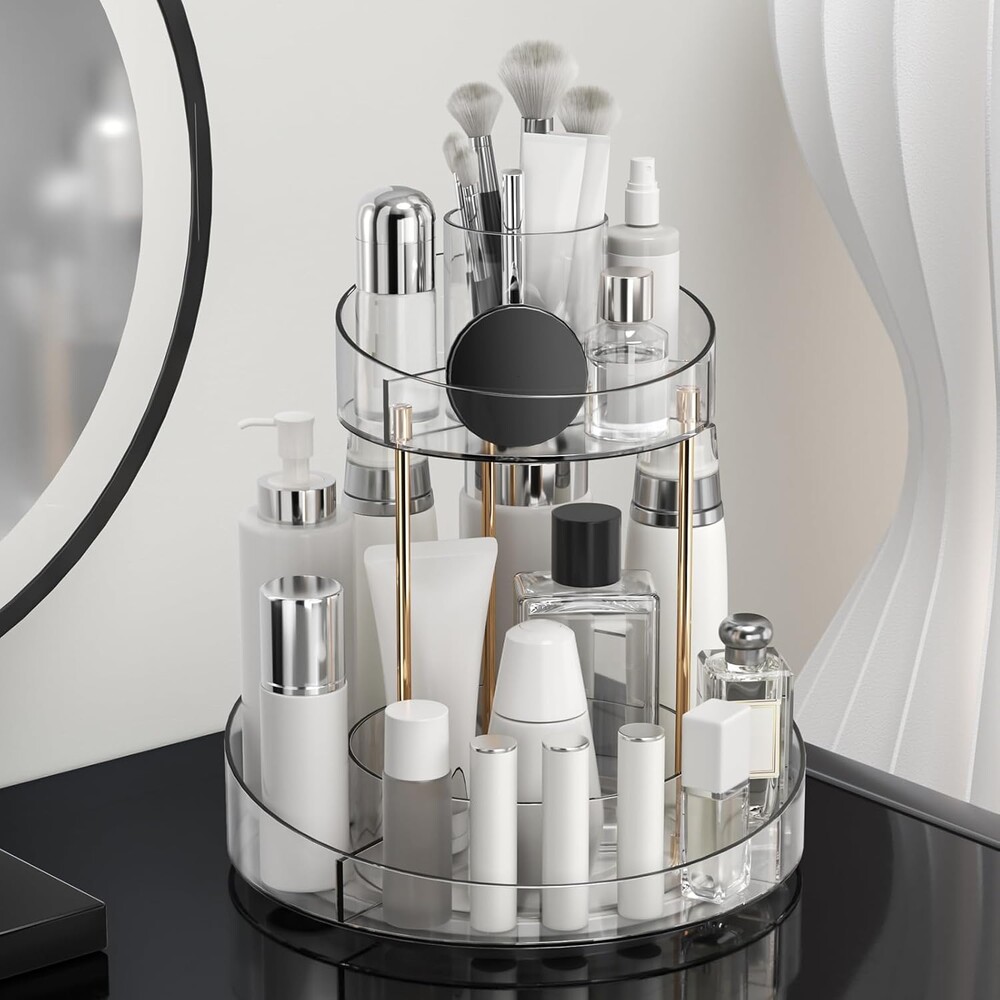 2 tier Makeup Organizer Countertop,360 Rotating Makeup Organizer for Skincare, Lipstick and Perfumes,Multi-function Cosmetic Display Cases for Vanity,Bathroom,Transparent