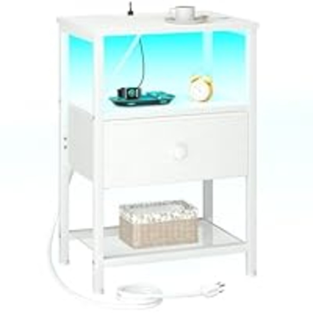 LOAKEKEL White Nightstand with Charging Station, End Table with Fabric Drawer, LED Night Stand for Bedroom, Small Bed Side Table with USB Ports and Outlets for Living Room, HETS01WT-1
