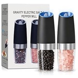 UNNEES Gravity Electric Salt and Pepper Grinder set of 2, Automatic Salt And Pepper Grinder Set, Adjustable Roughness, Battery Powered, LED Light, 2 Pack, (Black)
