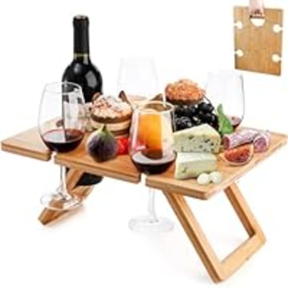 Youeon Portable Wine Picnic Table with 5 Wine Glasses Holder, Foldable Champagne Picnic Snack Table, Wine and Cheese Table for Picnic, Camping, Park, Beach, Wine Lover Gift