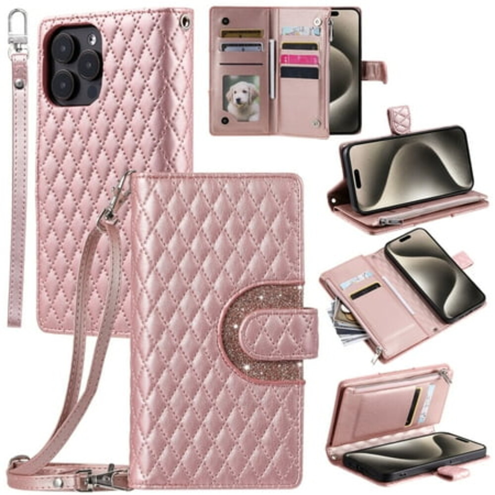 TECH CIRCLE Wallet Case For iPhone 6s/6,PU Leather Zipper Flip Folio Bling Case Wristlet Shoulder Strap Magnetic Closure Stand Protective Case for Apple iPhone 6s/6 4.7",Rosegold