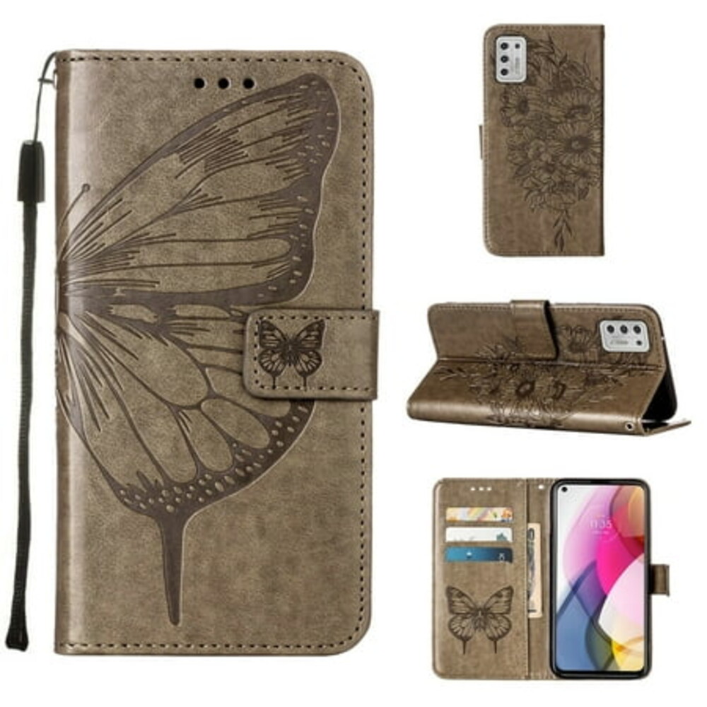 Moto G Stylus 2021 Wallet Case, Embossed Butterfly PU Leather Credit Card Holder Slots Full Body Protection Kickstand Flip Folio Shockproof TPU Phone Cover for Motorola Moto G Stylus 2021, Gray