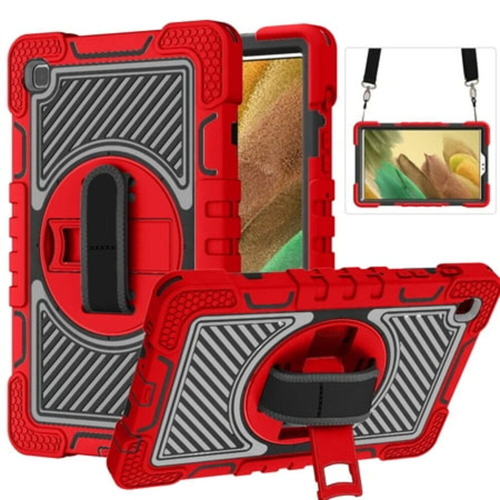 Case for 2021 Samsung Tab A7 Lite 8.7", Galaxy Tab A7 Lite Case (8.7 Inch, Model SM-T220), Cute Kickstand Case with Hand/Shoulder Strap, Plastic/Silicone Hard Rugged Cover (Red Black)