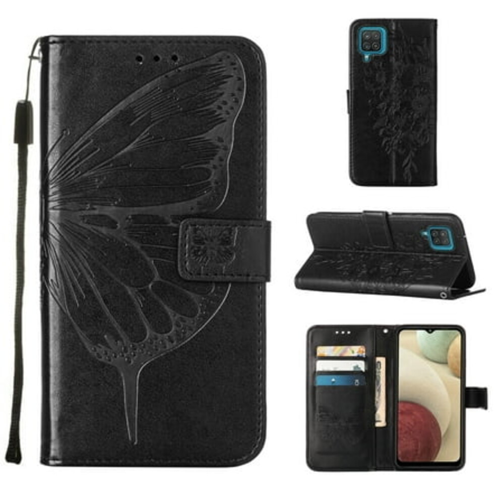 Galaxy A12 Wallet Case, Embossed Butterfly PU Leather Credit Card Holder Slots Full Body Protection Kickstand Flip Folio Shockproof TPU Phone Cover for Samsung Galaxy A12,Black