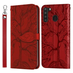 Classic Life Tree Pattern Case for SAMSUNG Galaxy A21 (6.5 Inch) - Slim Fit Lightweight Flip Case with Strap & Card Holder, Protective Folio Stand Phone Cover (Red)
