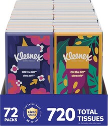 Kleenex On-The-Go Facial Tissues, 72 On-The-Go Packs (3 Trays of 24 Packs), 10 Tissues per Box (720 Total), 3-Ply, Packaging May Vary