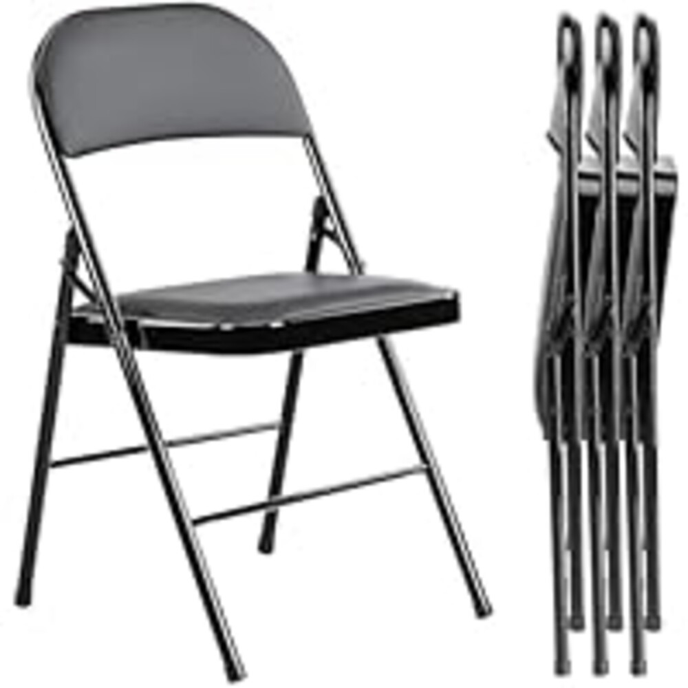 DUMOS 4 Pack PU Leather Padded Folding Chair, Indoor Outdoor Portable Stackable Seat with Steel Frame, for Home, Office, Party, Dining, Black
