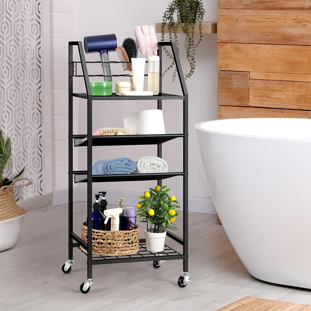 OYEAL 4 Tier Metal Bathroom Cart on Wheels Black Freestanding Bathroom Shelf Organizer with storage shelves Hair Dryer Holder Movable Towel Storage Cart for Liviing Room, Laundry Room, Kitchen