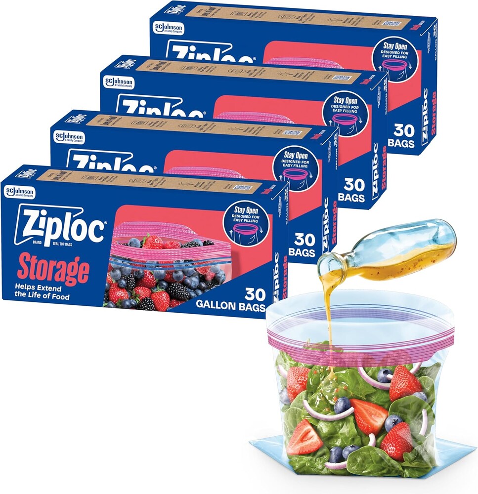 Ziploc Gallon Food Storage Bags, 120ct Total, Stand-Up Bottom, Easy to Fill, 30 Count (Pack of 4) (Packaging May Vary)