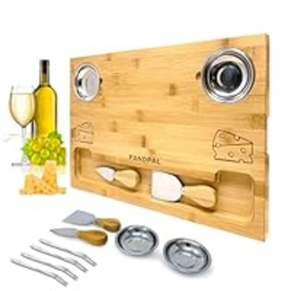 Bamboo Cheese Board with Knives & Bowls - Extra Large Wooden Cutting Board Platter for Wine & Charcuterie