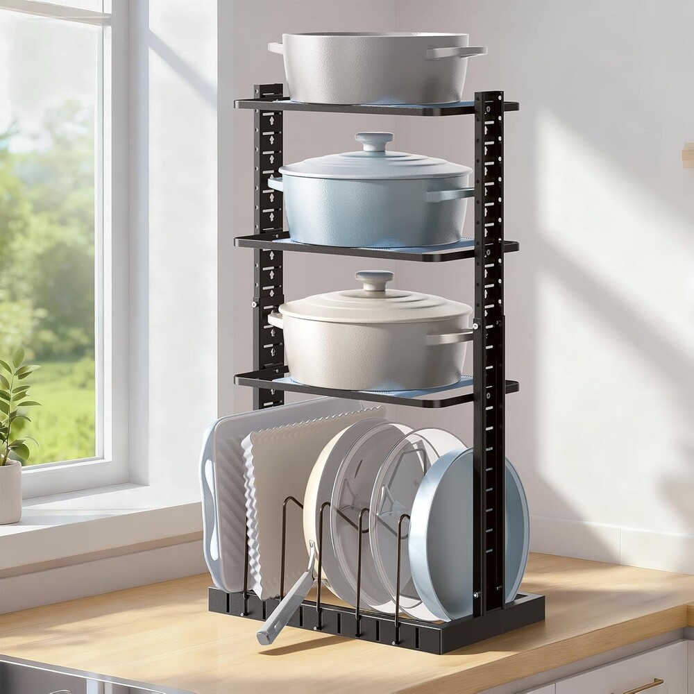 LAMU Pots and Pans Organizer for under Cabinet, Heavy-Duty Pot Pan Organizers inside Cabinet for Cast Iron Pan, 25.2" Adjustable Height for Pot Lid Holder Accommodates 9 Cookware, Black