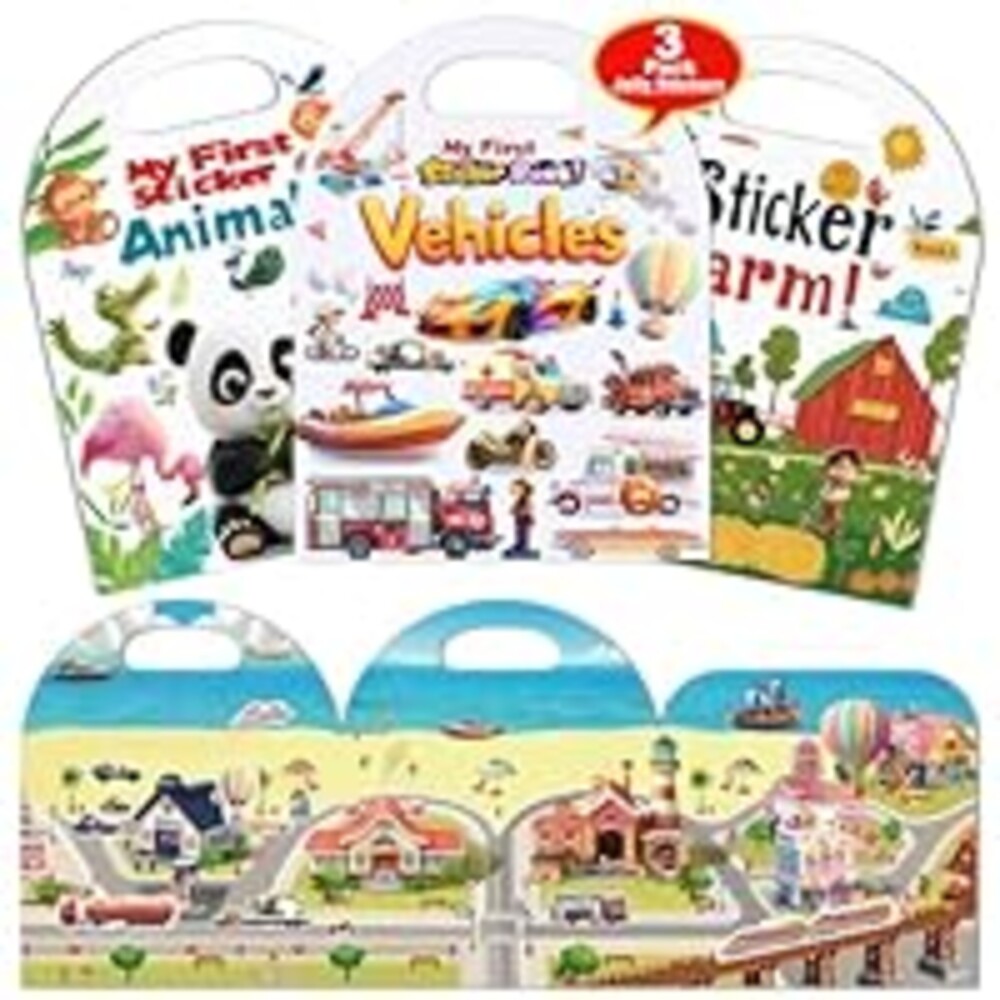 3-Pack Reusable Sticker Books for Toddlers 2-4 Years, Vehicles Truck, Animals & Farm Jelly Activity Stickers for Boys Girls Road Trip Airplane Train Travel Essentials Toy for Kids Birthday Gifts