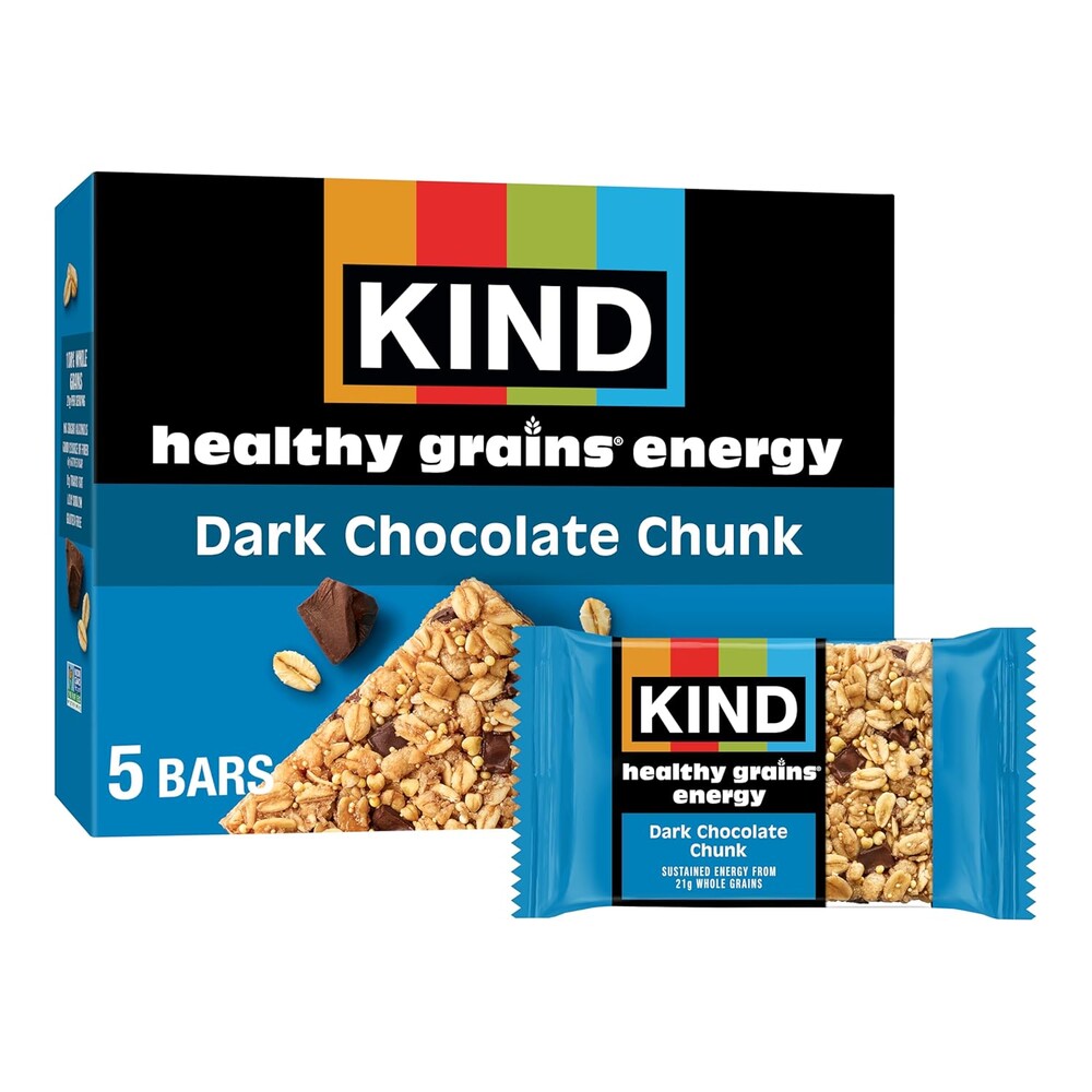 KIND Healthy Grains Energy Bars, Dark Chocolate Chunk, 21g Whole Grains, Made with Super Grains, Gluten Free Snacks, 5 Ct, 7.1oz