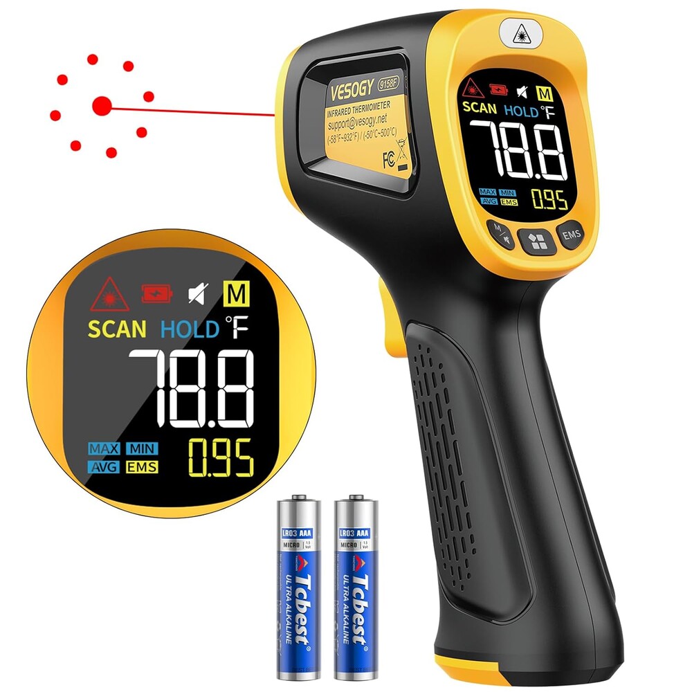Infrared Thermometer Temperature Gun -58°F ~932°F, Digital Laser Thermometer Gun for Cooking, Pizza Oven, Grill & Engine, IR Thermometer Temp Gun with Adjustable Emissivity & Max-Min Measure