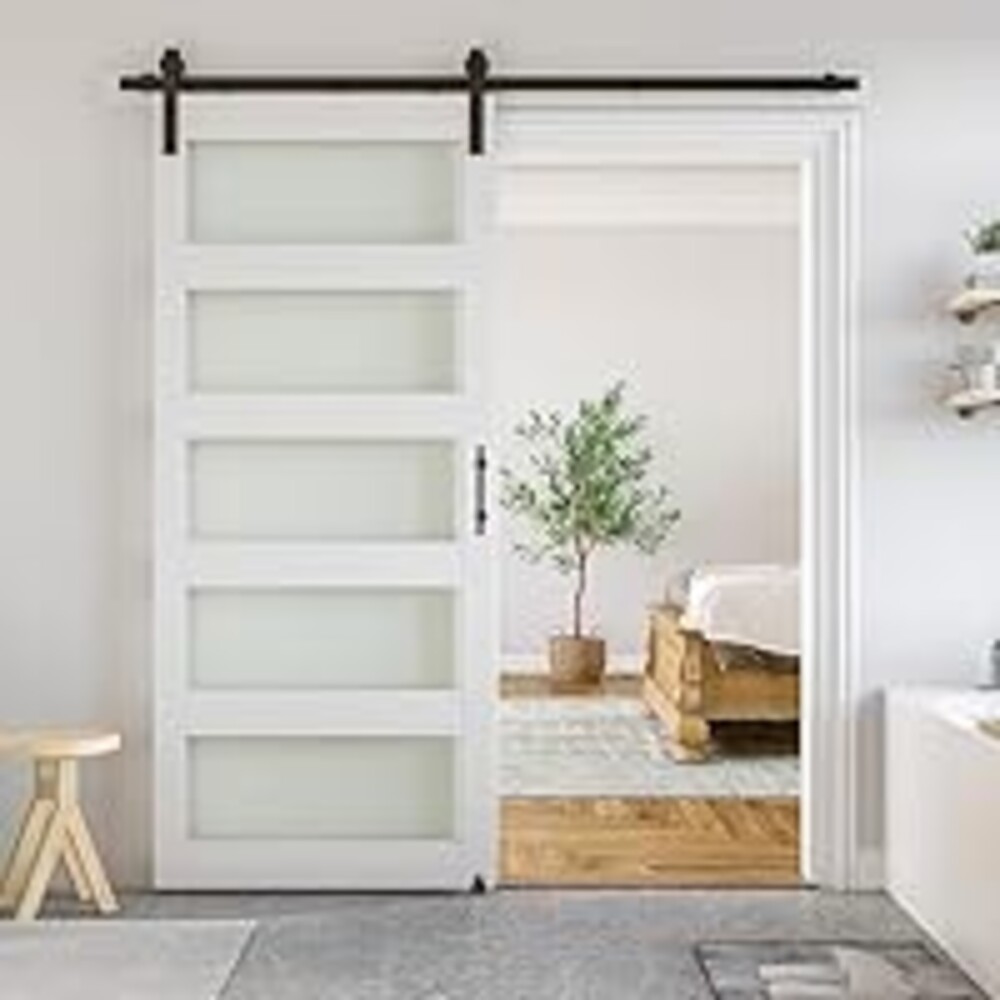 SmartStandard 36 x 84 in Glass Barn Door with 6.6FT Sliding Hardware Kit & Handle, Pre-Drilled Ready to Assemble, Waterproof PVC Coating, White, 5-Panel Glass