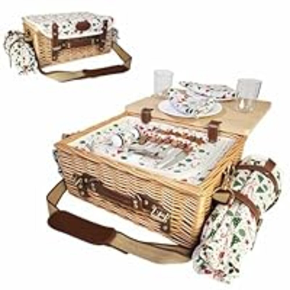 Wicker Picnic Basket Kit Set For 2 Adults With Blanket And Folding Wine Table,Multifunctional Picnic Set Insulated Portable Big Storage Capacity Full Tablewares,Camping,Outdoor,Christmas,Wedding,Gifts