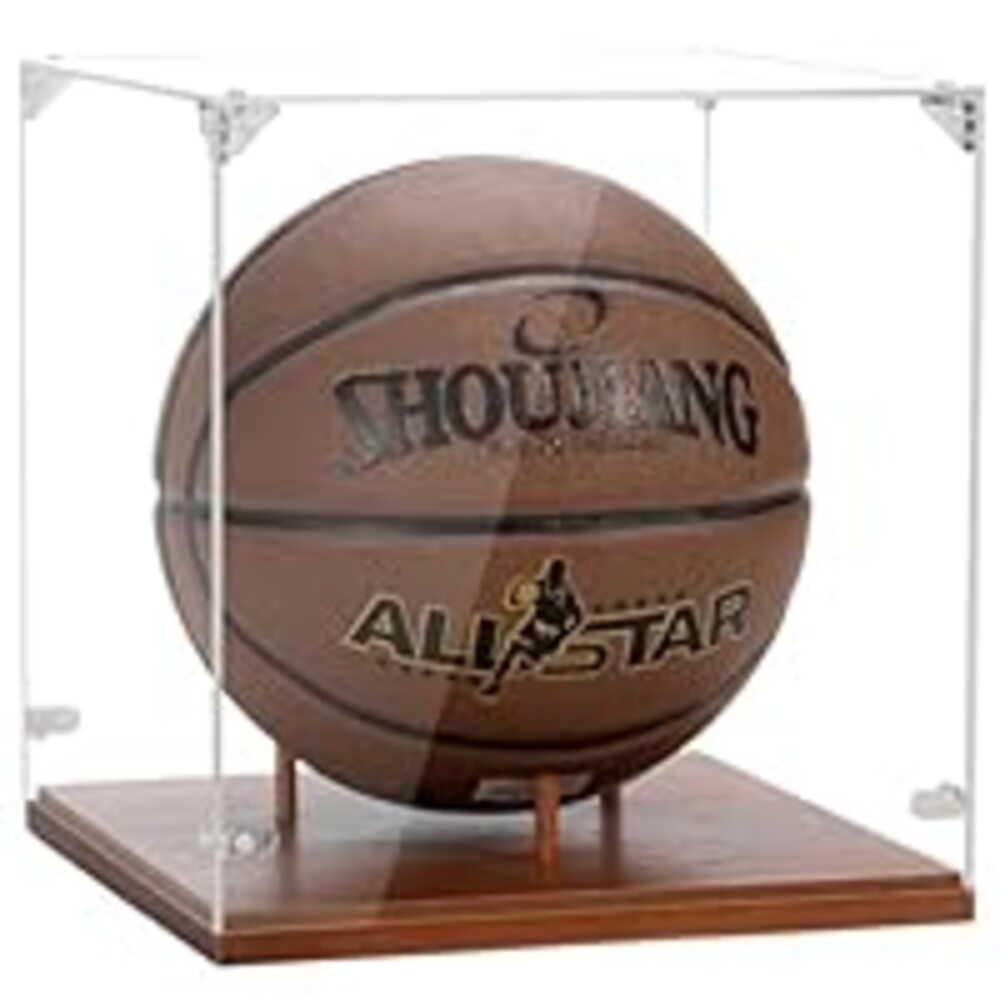 Basketball Display Case, Thickened UV Protection Clear Acrylic Lid Basketball Holder, Wooden Basketball Base Stand for Autographed Ball