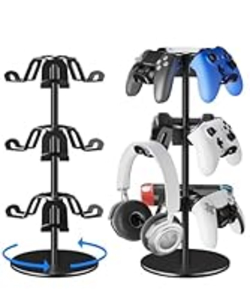 ANSHAWTIY Aluminum Alloy Controller Holder 3 Layers,360 Degree Rotation Tier,Gaming Controller Stand for Xbox PS5 PS4 Switch,Headphone Stand,Headset Holder & Desk Mounts for 9 Packs Controller