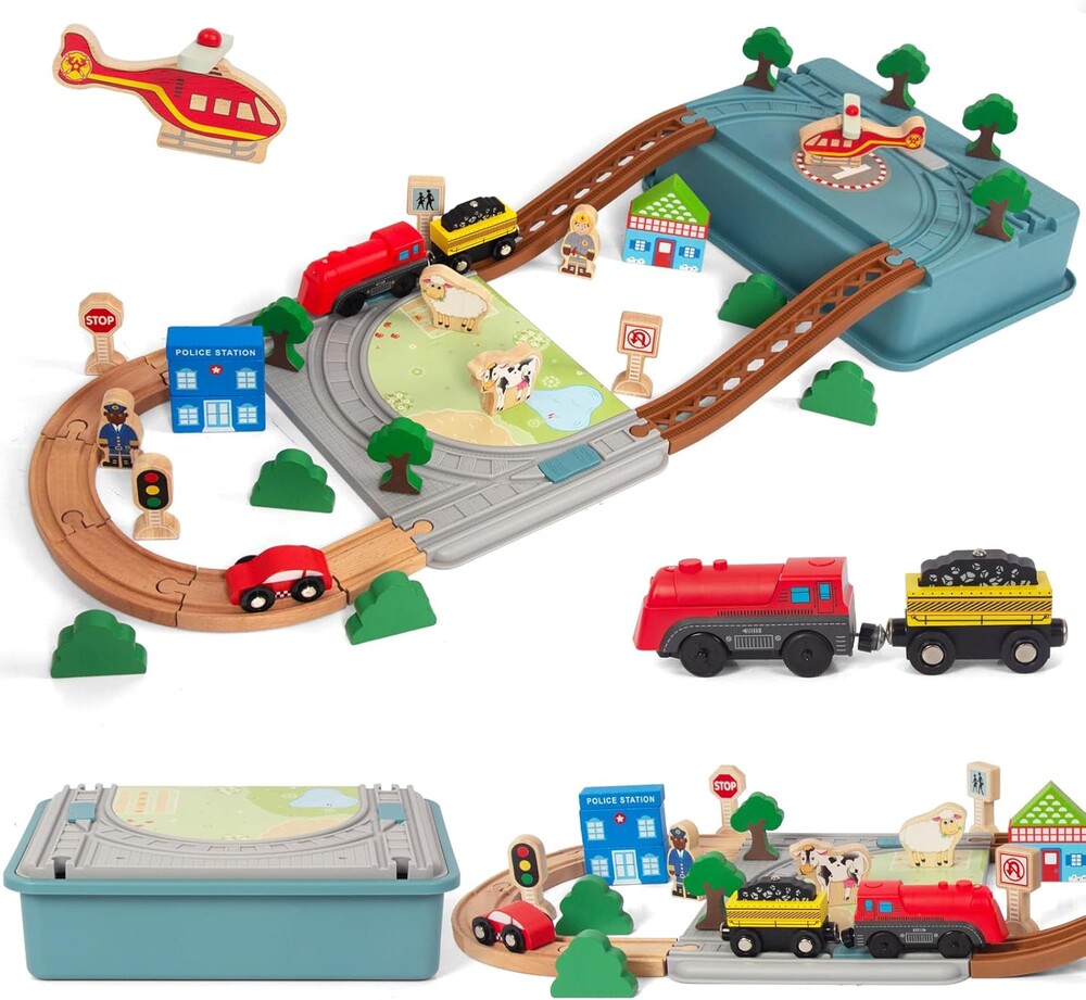 Wooden Train Set for Toddler, 40 Pcs with Wooden Tracks fits Thomas, fits Brio, fits Chuggington, fits Melissa and Doug - Expandable, Changeable Train Toy for 3 4 5 Years Old Girls & Boys