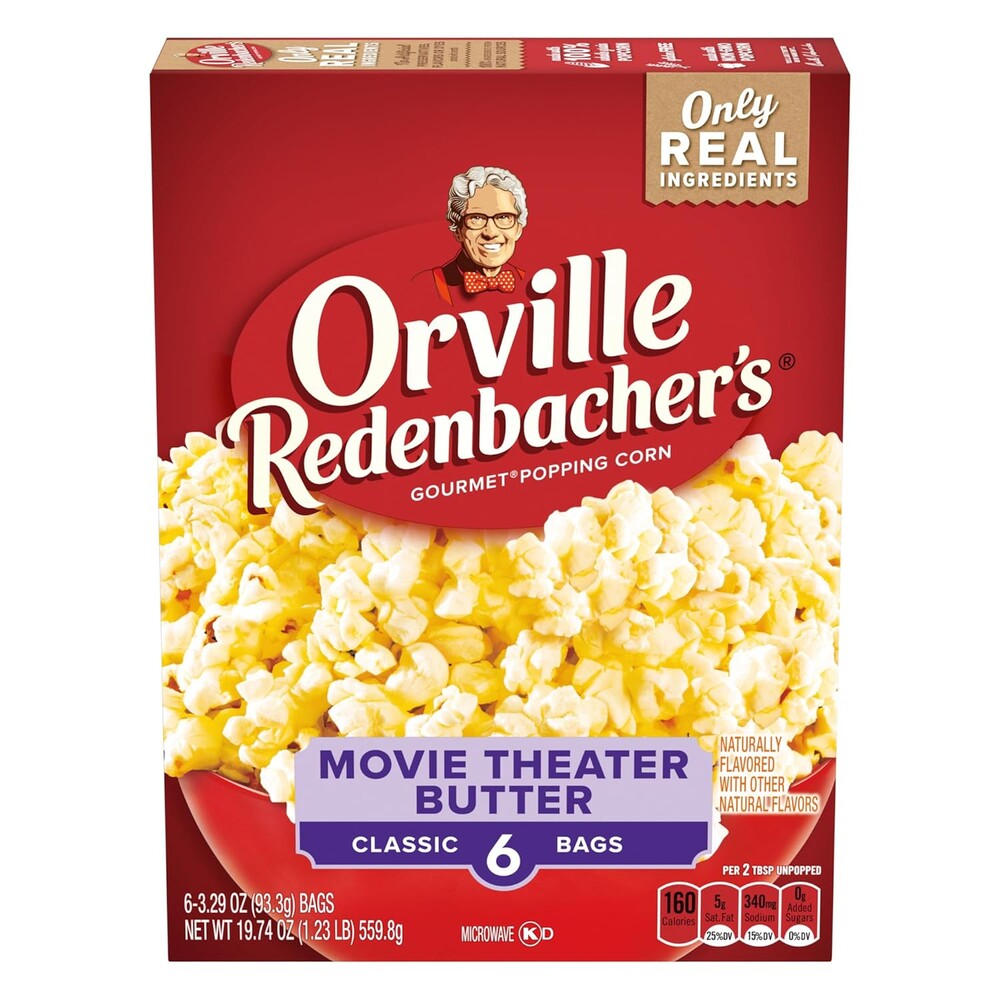 Orville Redenbacher’s Microwave Popcorn, Movie Theater Butter Flavor, 3g Fiber Per Serving, 3 oz., 6-Count